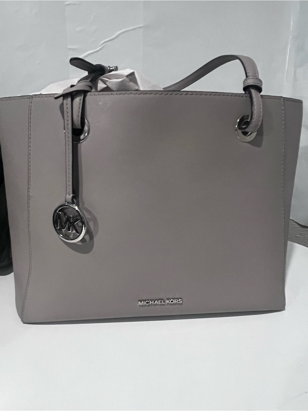 Michael Kors Taupe Leather Tote with Silver-Tone Charm
